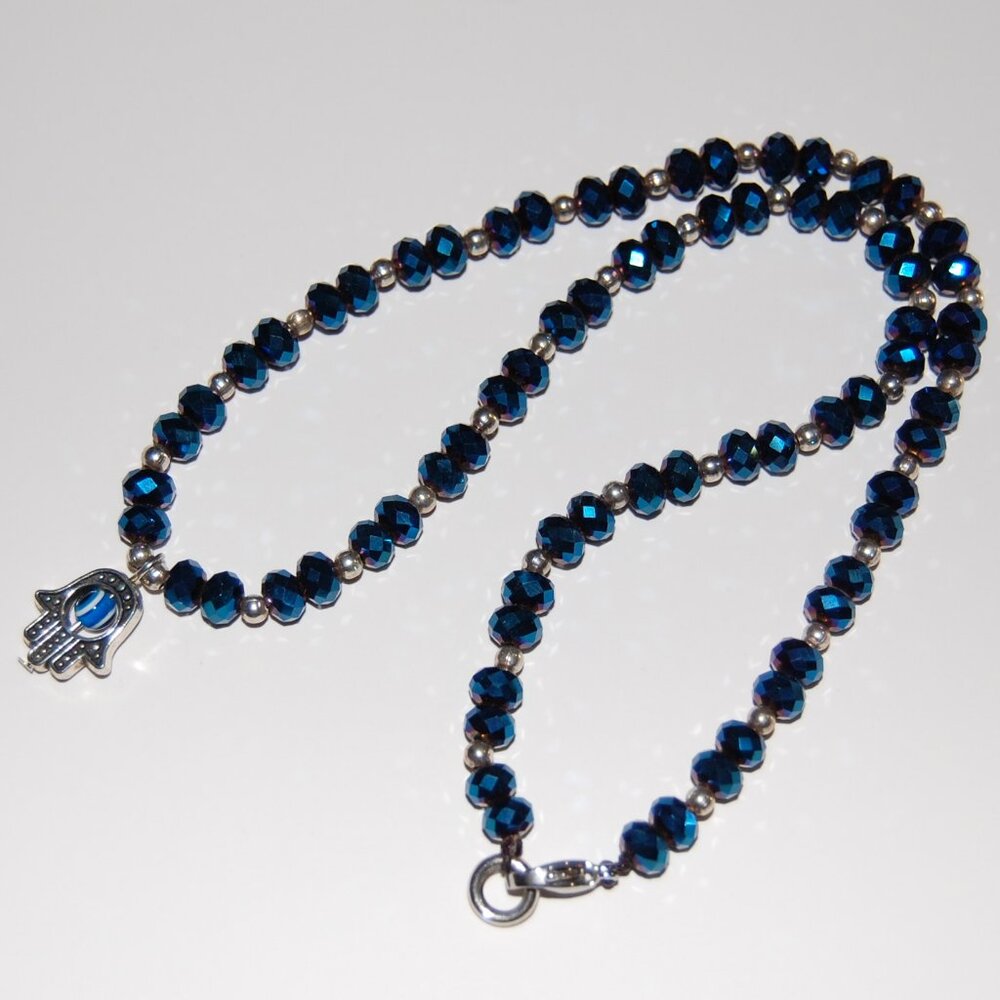 Hamsa Hand Necklace,Glass Beaded Necklace,Blue Necklace